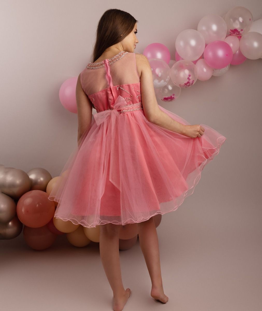 Girls Tulle Dress with Sequin Embellishments - LOLA - Coral Pink