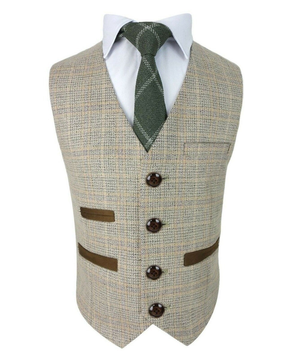 Boys Tweed Check Tailored Fit Beige Formal Suit - HOLLAND - Beige - Brown