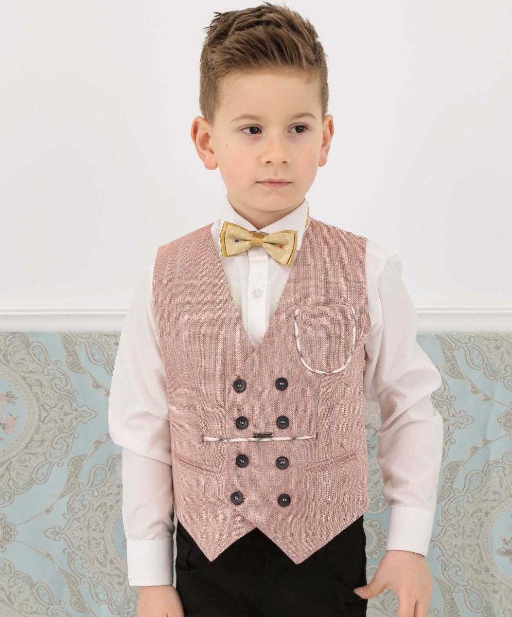 Boys Check Blazer and Double-breasted Waistcoat Suit Set - Burgundy