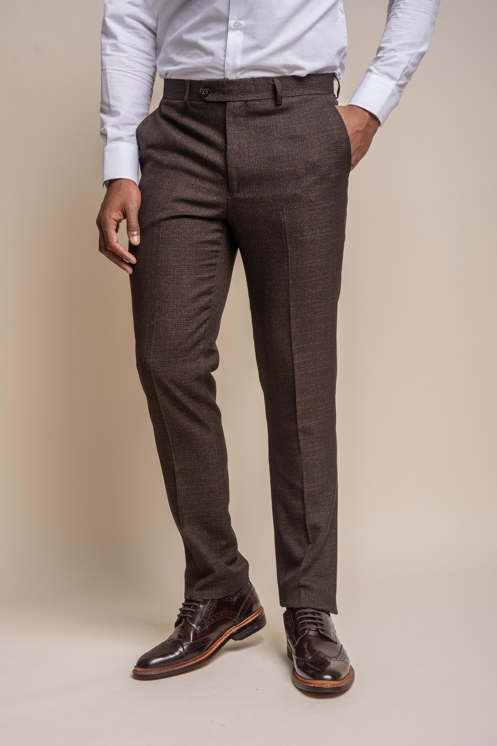 Men's Tweed Check Trousers - CARIDI Brown - Brown