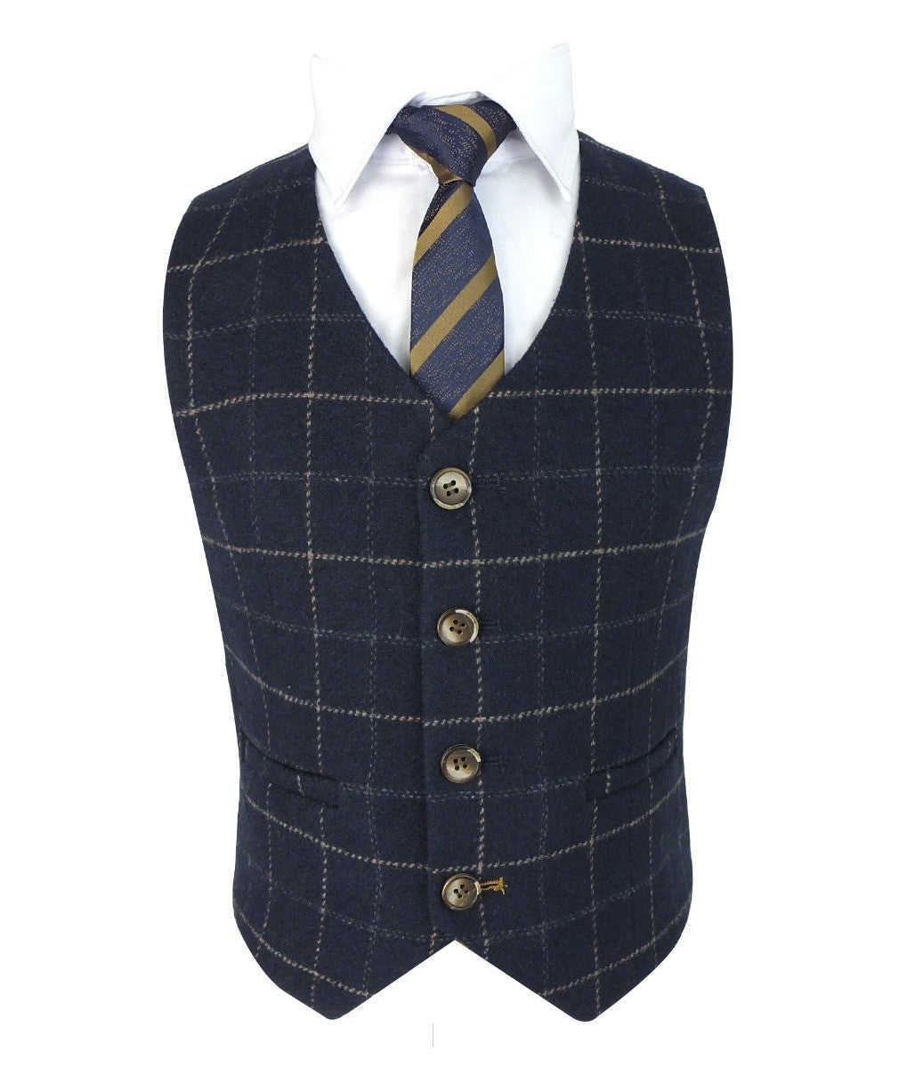 Boys Tweed Windowpane Check Slim Fit Suit - SHELBY - Navy Blue