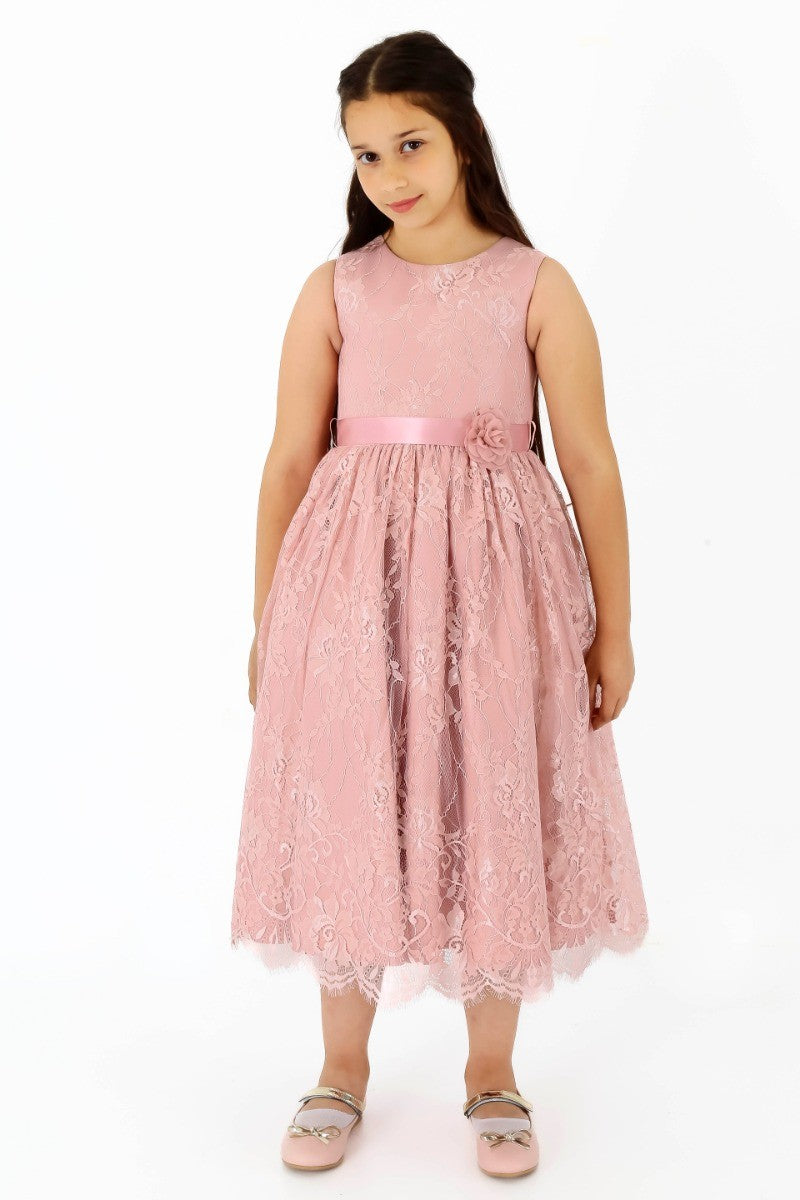 Girls Sleeveless Lace Embroidered Dress - Powder Pink