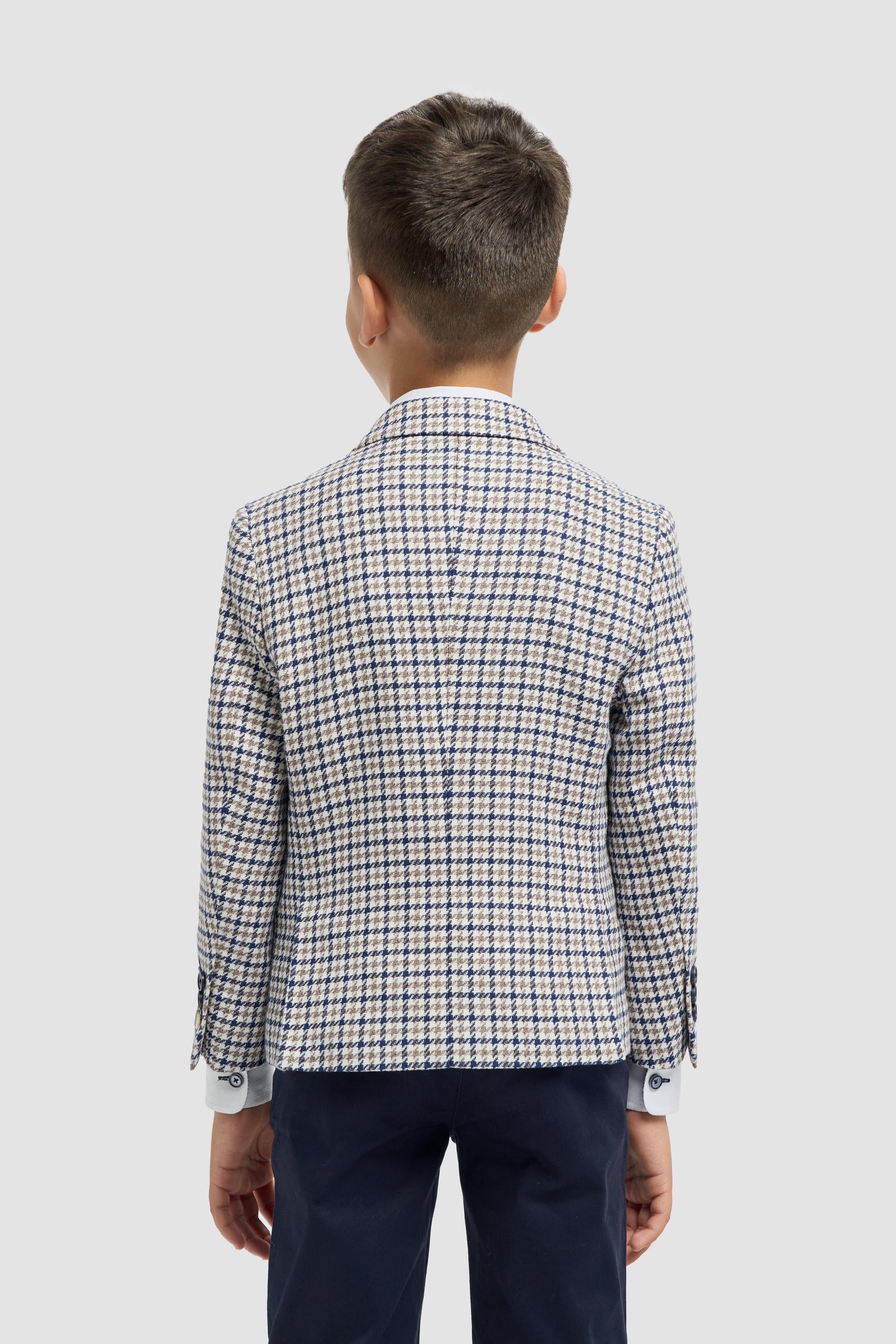 Boys’ Beige Cotton Houndstooth Blazer - Bartela - Beige