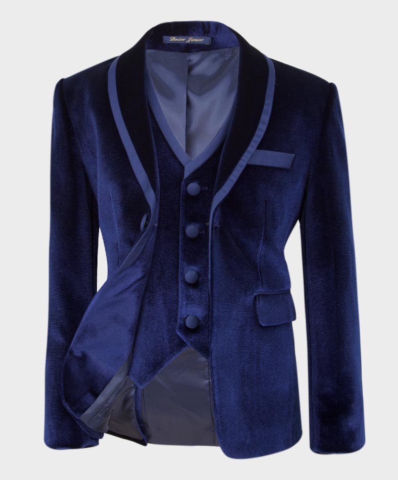 Boys Sheen Lapel Velvet Tuxedo Suit - Navy Blue