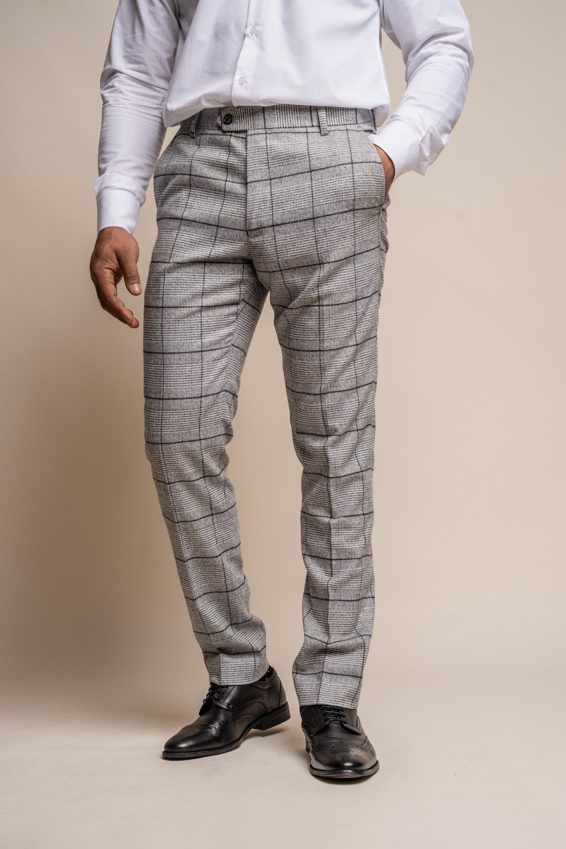 Men's Tweed Windowpane Check Slim Fit Trousers - GHOST Grey - Light Grey