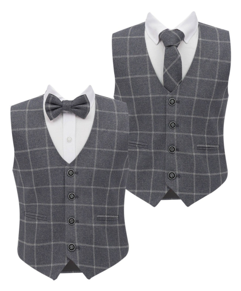 Boys Tweed Check Cotton Waistcoat Set - Grey