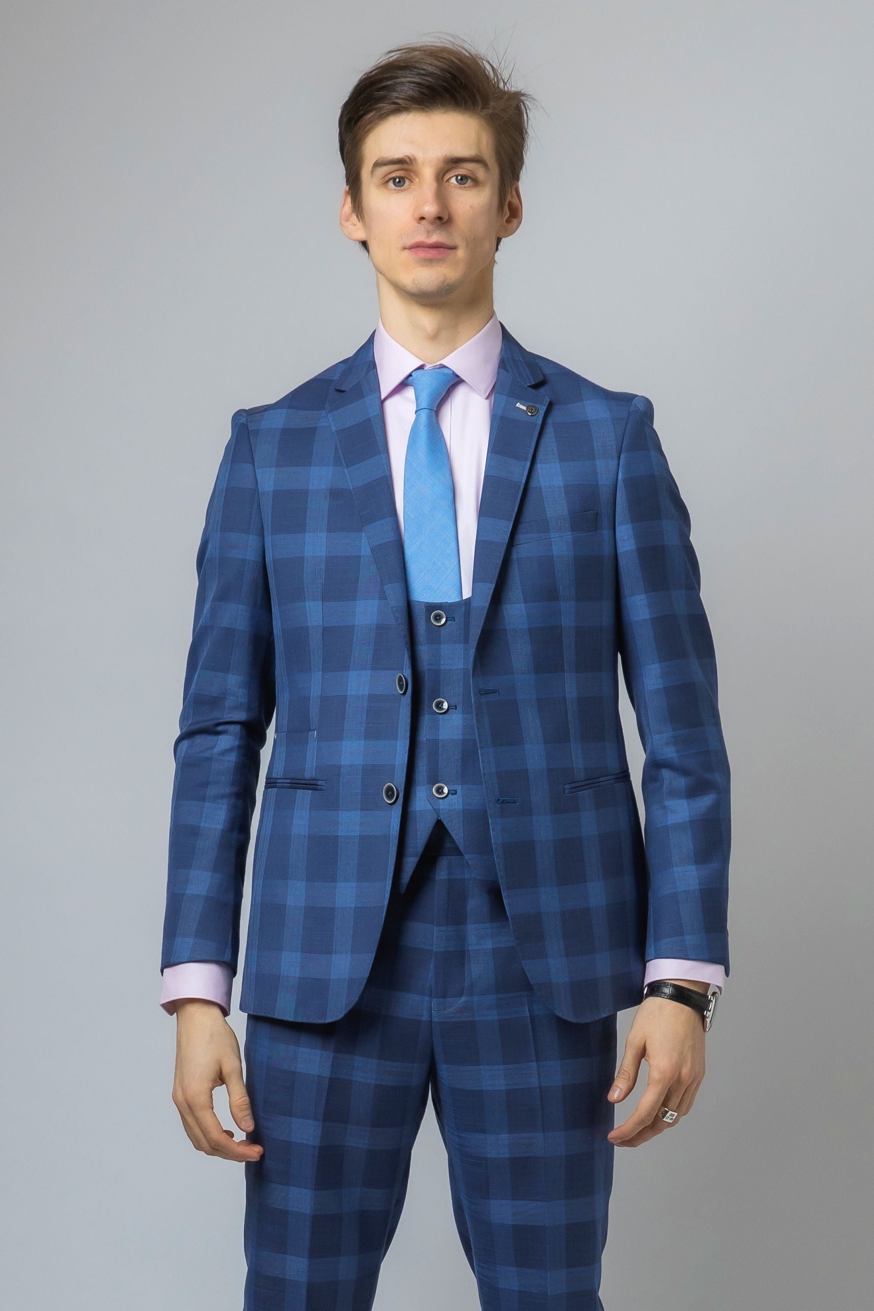 Men's Check Slim Fit Blue Suit Jacket - Hunter - Dark Blue