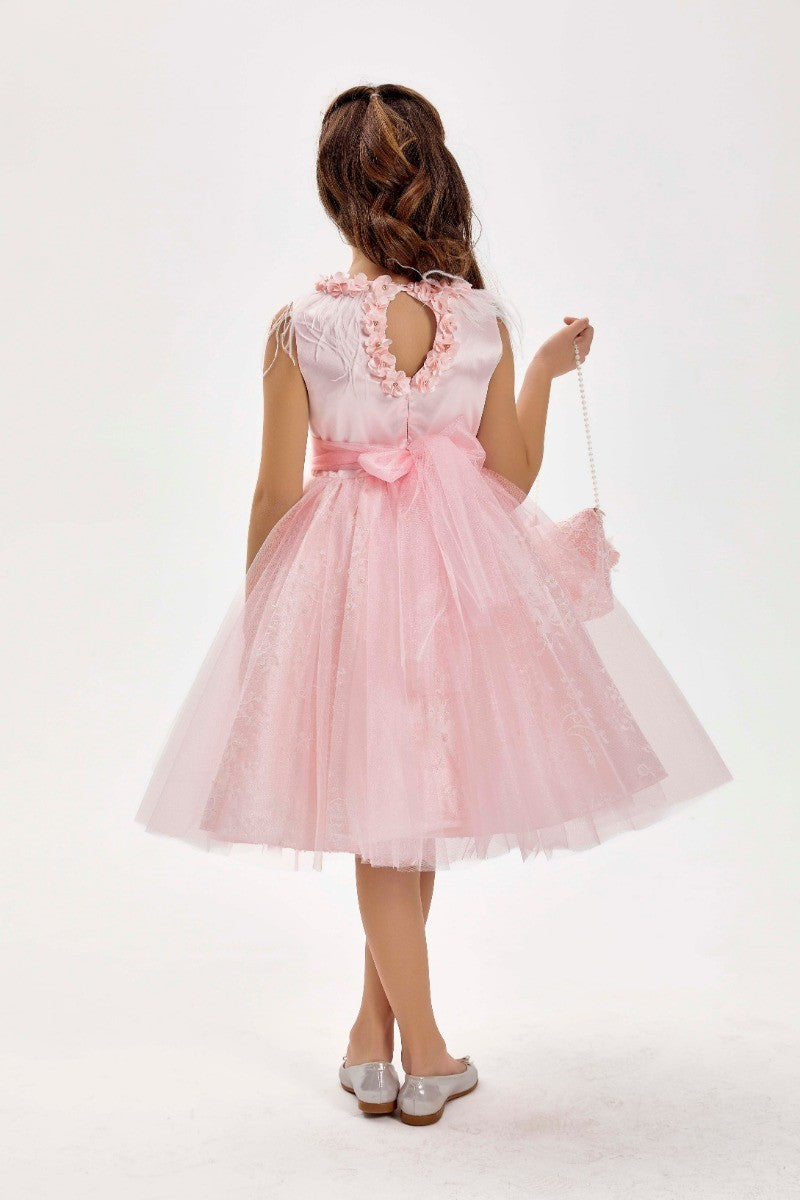 Girls Sleeveless Tulle Midi Pink Dress Set - Pink