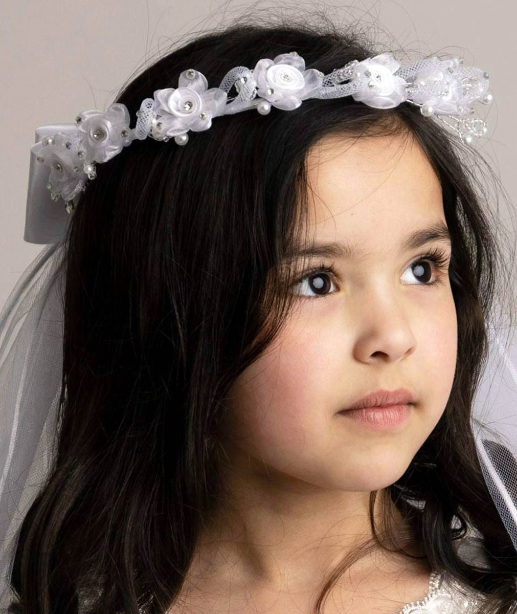 Girls White Floral Tiara & Bow Veil - CMV-2330