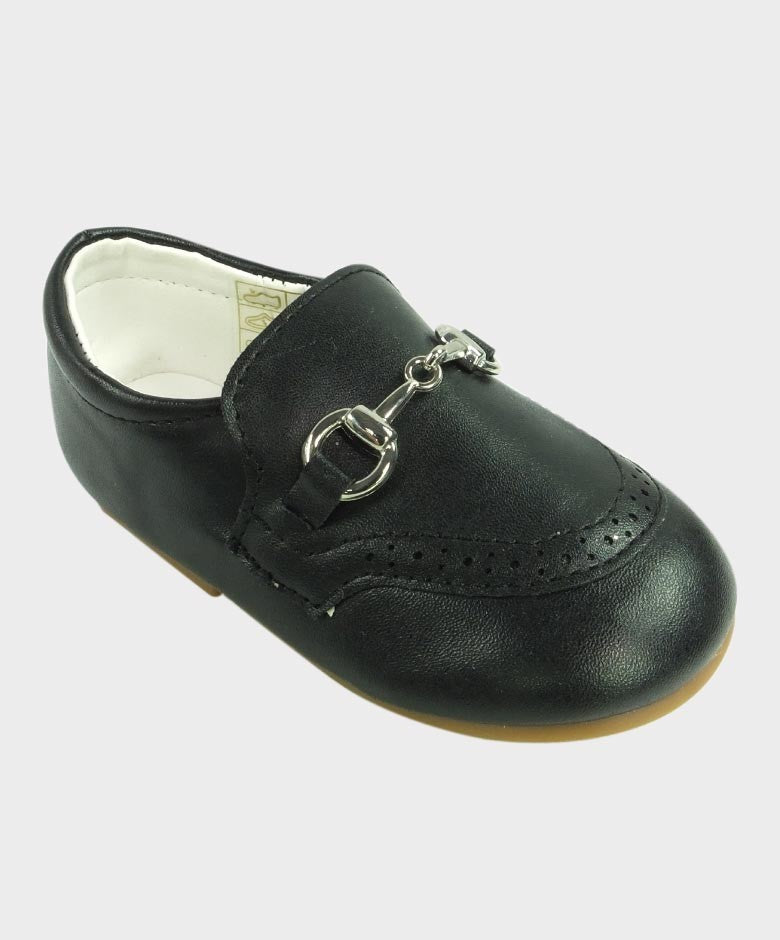 Boys Leather Moccasin Loafers with Silver Horsebit - Black