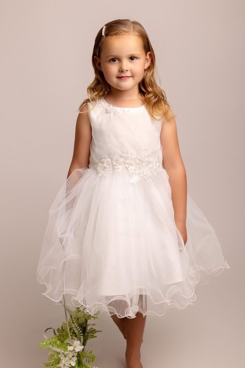 Girls Ivory Floral Appliques Tulle Dress - Monica - Ivory