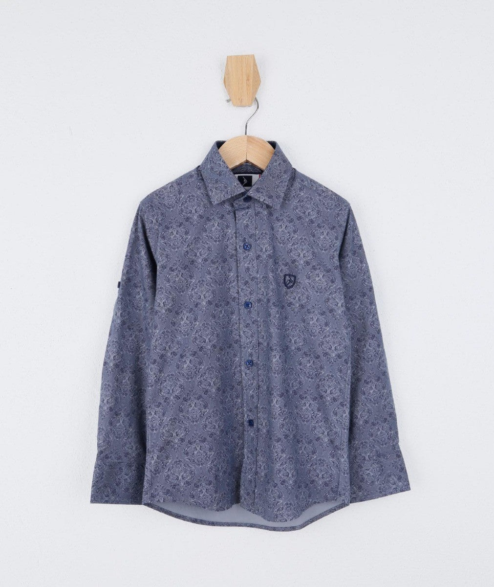 Boys Paisley Patterned Slim Fit Cotton Casual Shirt - Dark Blue - Black