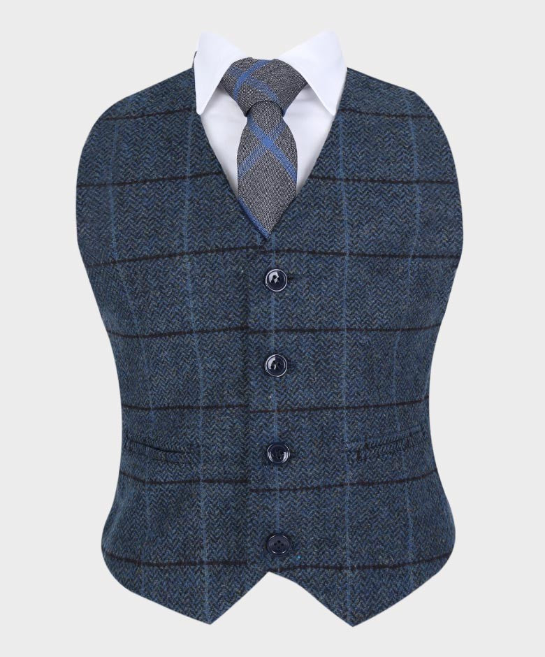 Boys Tailored Fit Herringbone Tweed Check Blue Suit - Blue