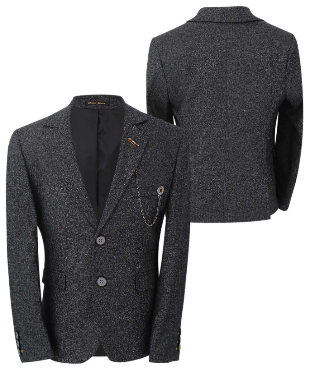 Boys Tailored Fit Herringbone Patterned Suit - TONY - Charcoal Grey