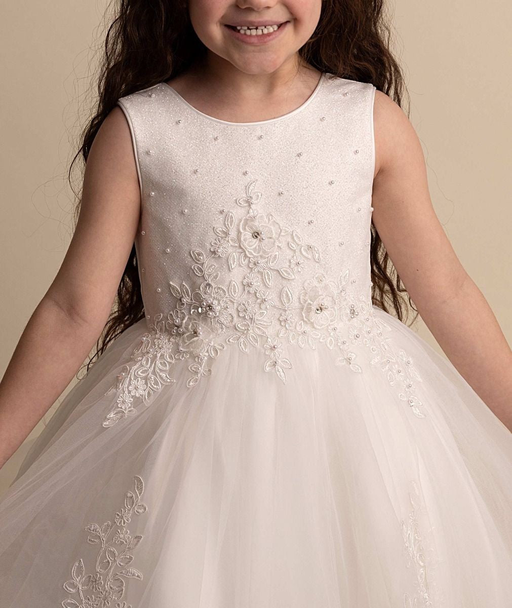 Girls Ivory Floral Embroidered Tulle Dress - RAQUEL - Ivory