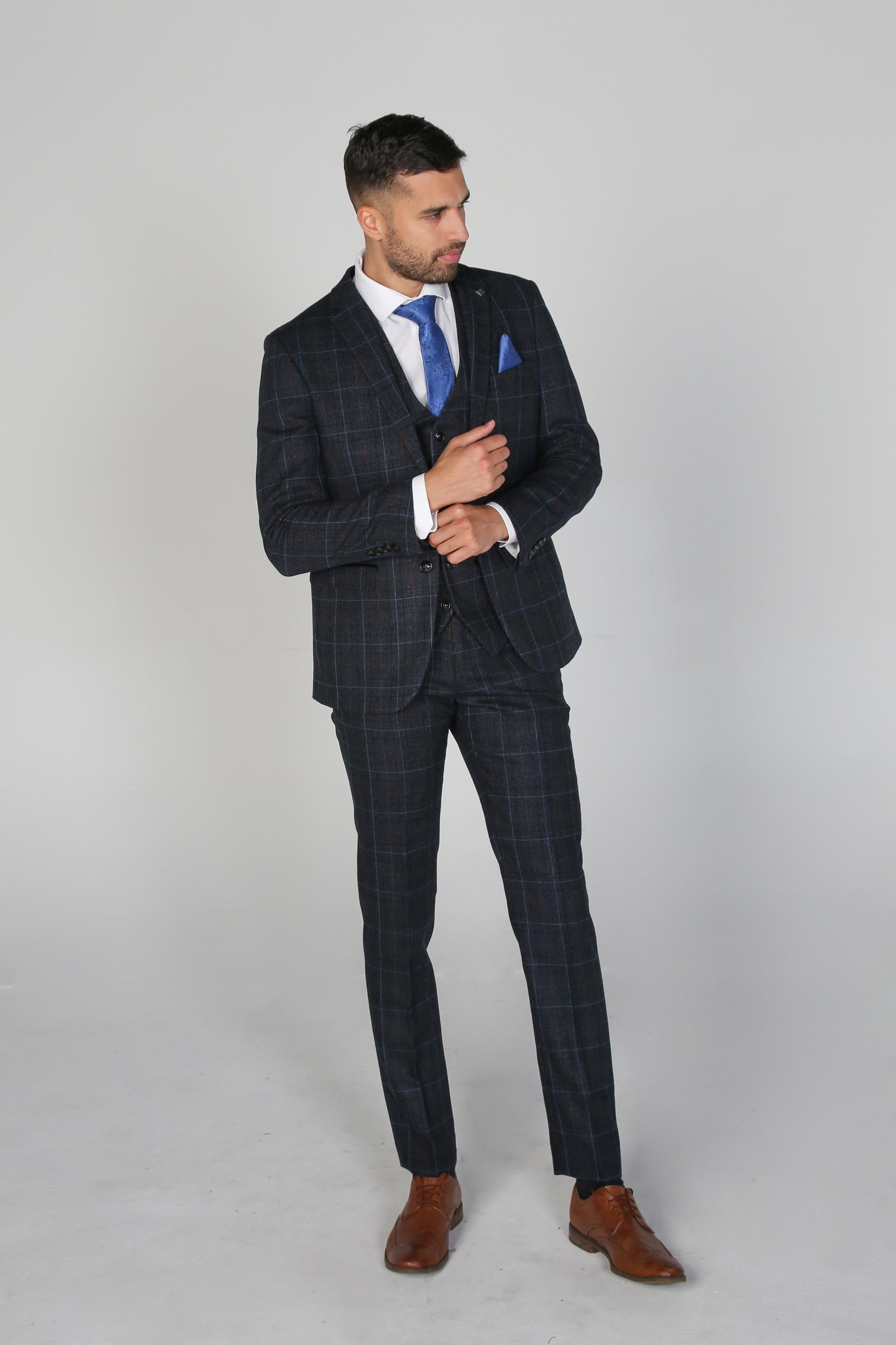 Men's Windowpane Tailored Fit Suit Jacket- HARVEY - Navy Blue