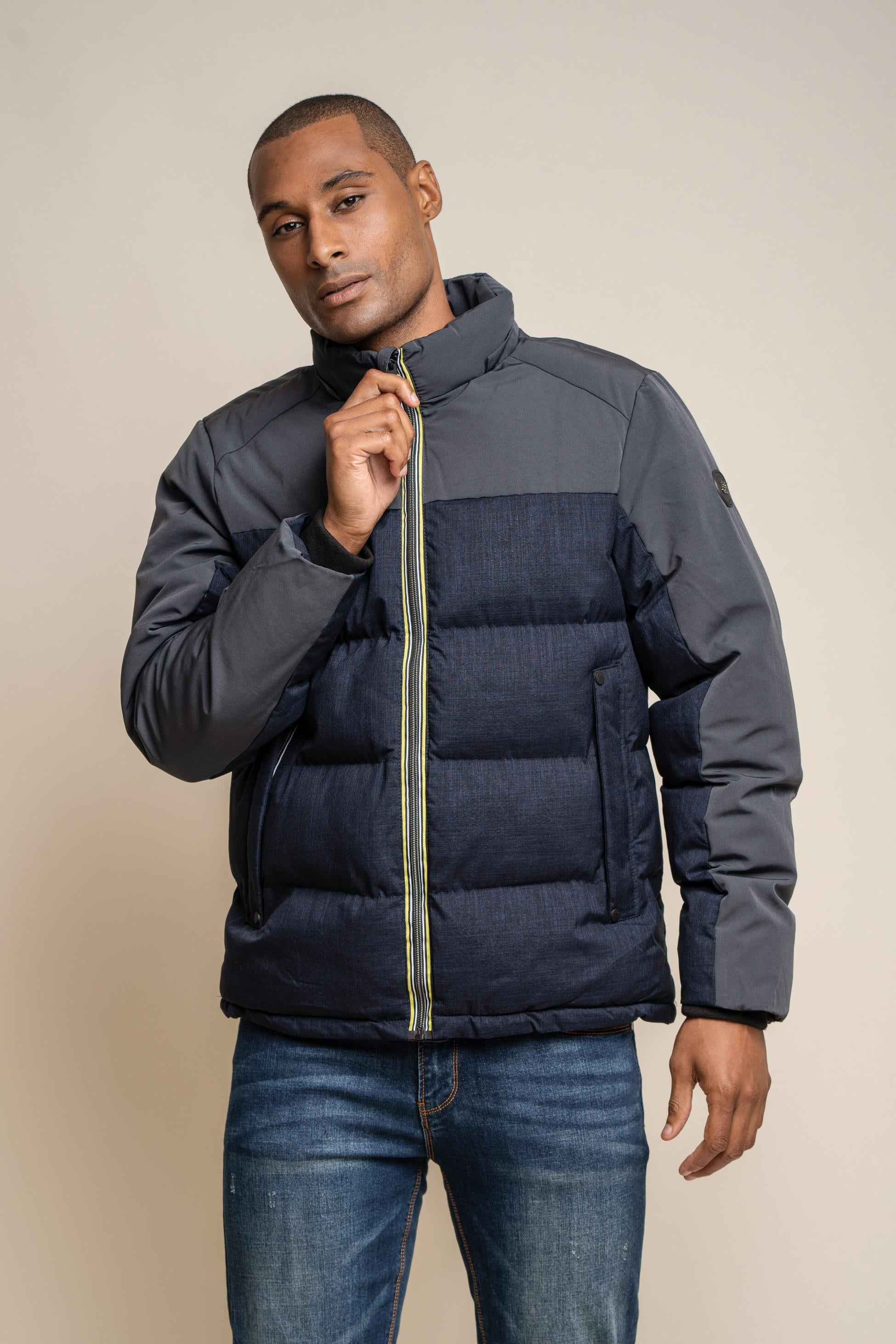 Men's Padded Midi Coat - Farros Puffer - Navy Blue and Grey