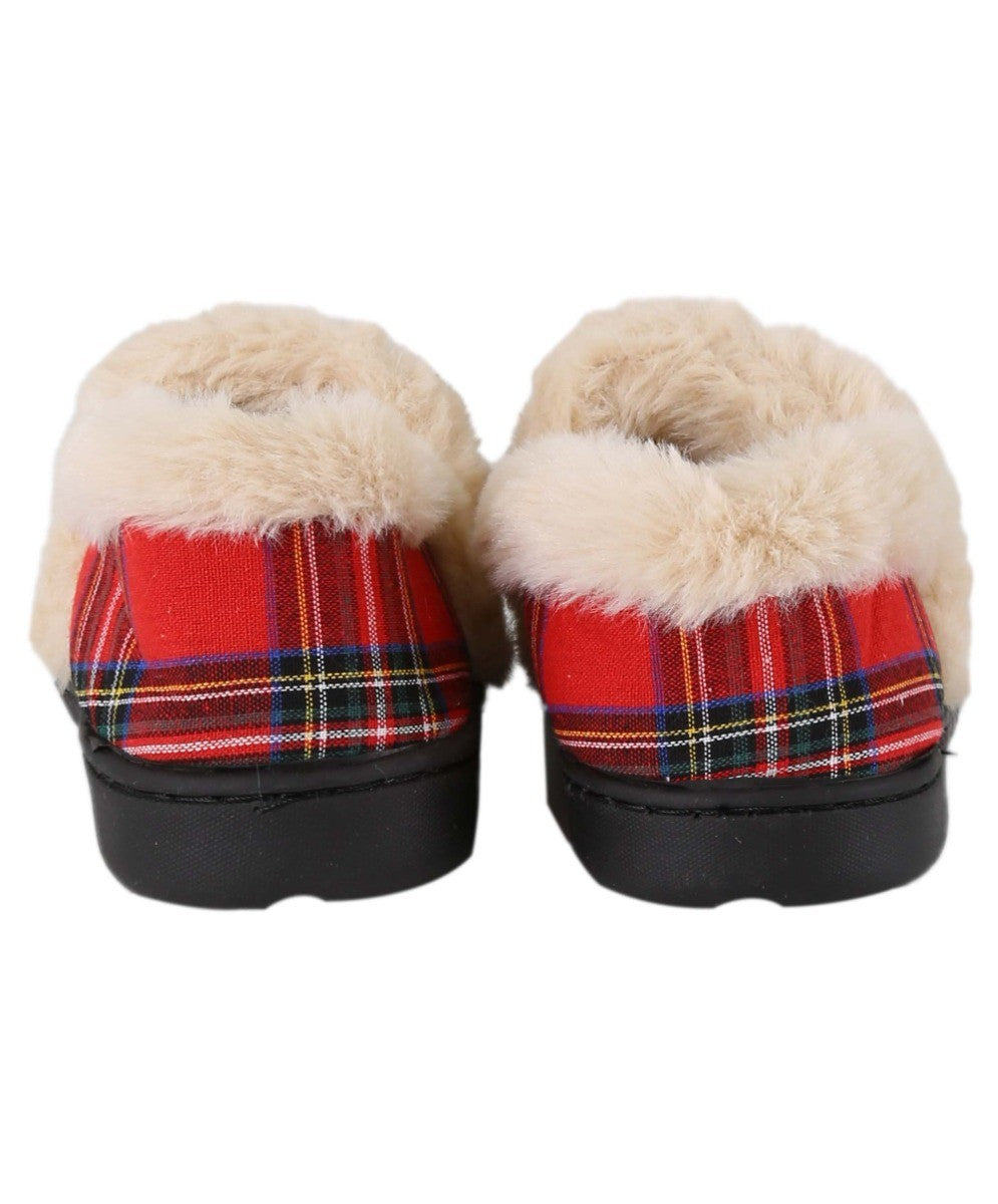 Boys Tartan Plaid Fleece Red Slippers - Crown - Red