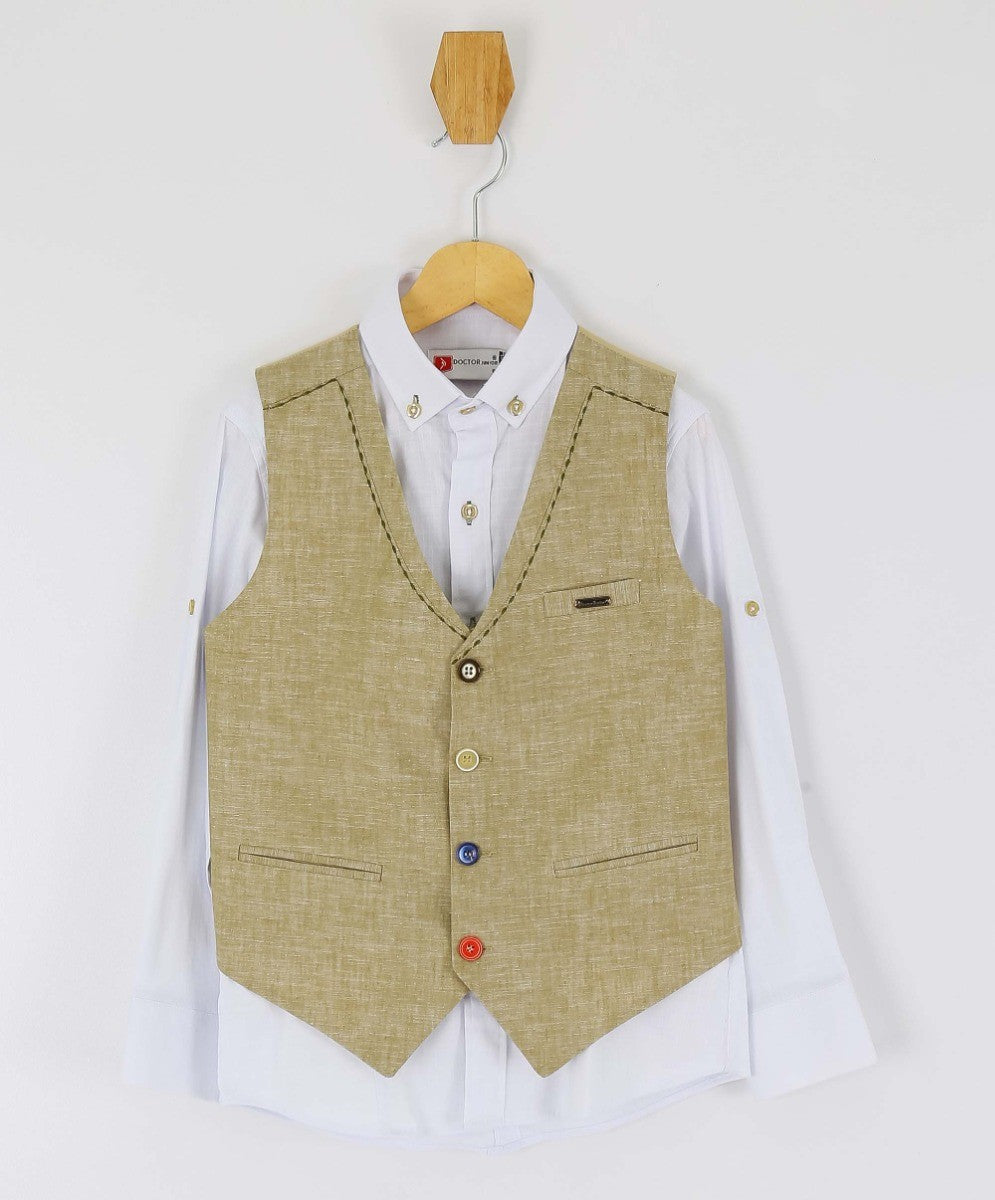 Boys Linen Single Breasted Waistcoat Suit Set - Khaki Green