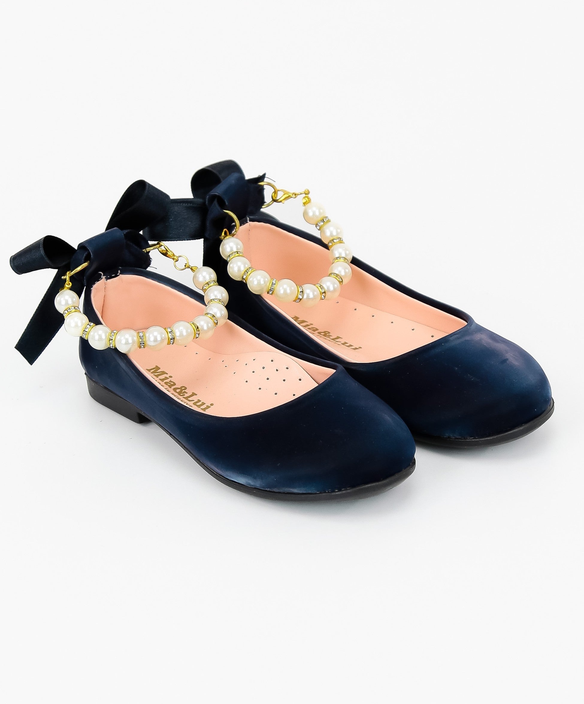 Girls Pearls Flat Mary Jane Shoes - ISABEL - Navy Blue