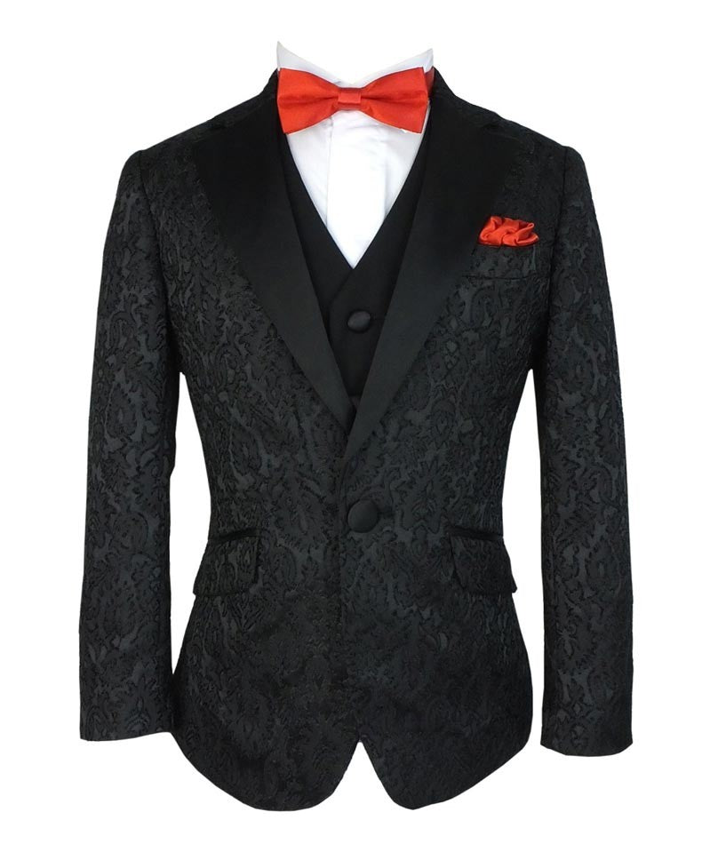 Boys Jacquard Satin Black Suit - Black