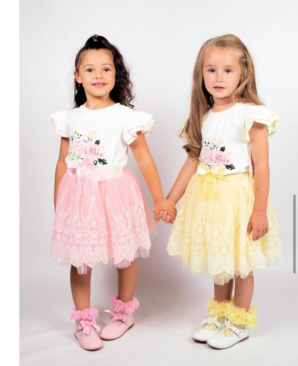 Girls Floral Print Tulle Skirt and T-Shirt Set - Pink