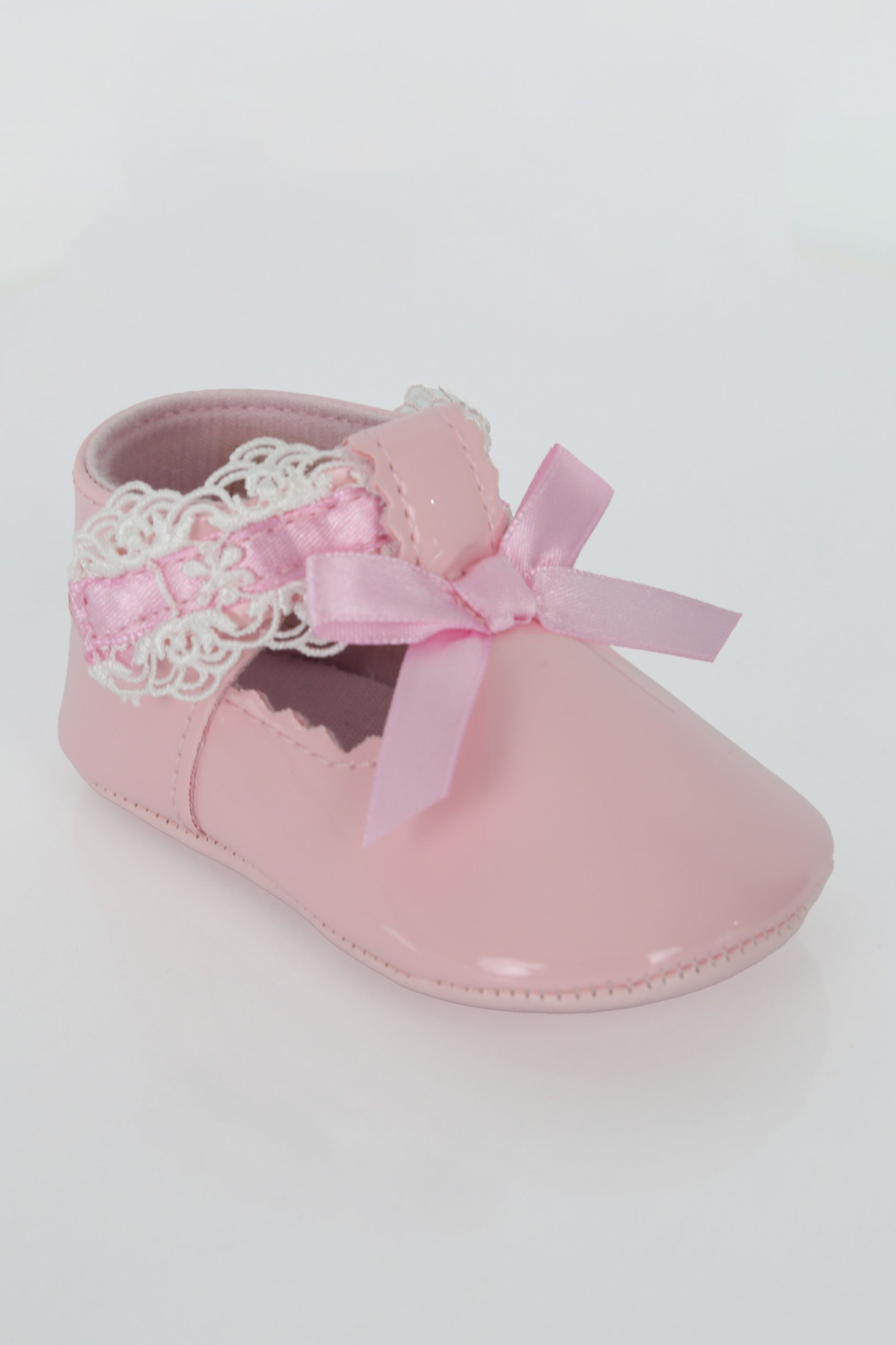 Baby Girls Patent Christening Shoes with Lace Details - VALENTINA - Pink