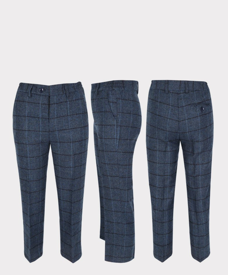 Boys Tailored Fit Herringbone Tweed Check Blue Suit - Blue