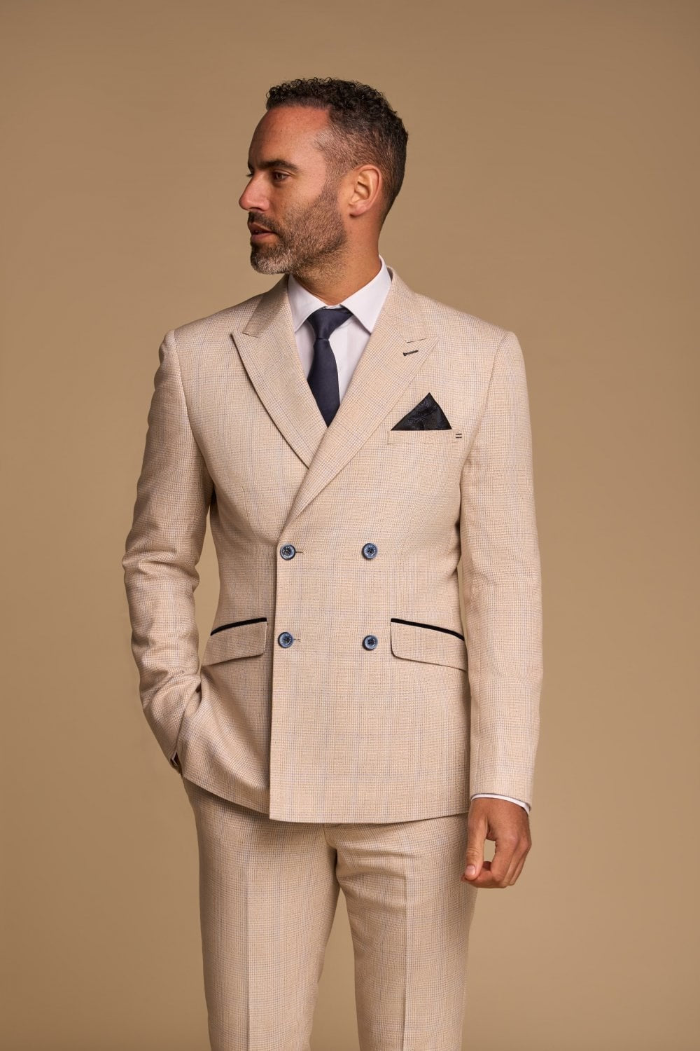 Men's Houndstooth Double-breasted Suit Jacket - CARIDI - Beige