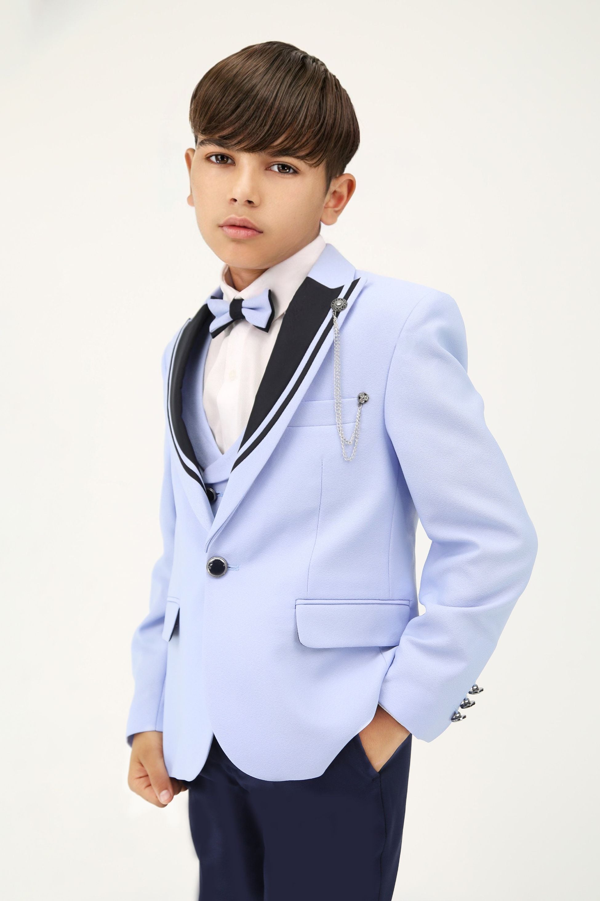 Boys Light Blue 6 PC Suit Set with Black Contrast Lapels - Blue