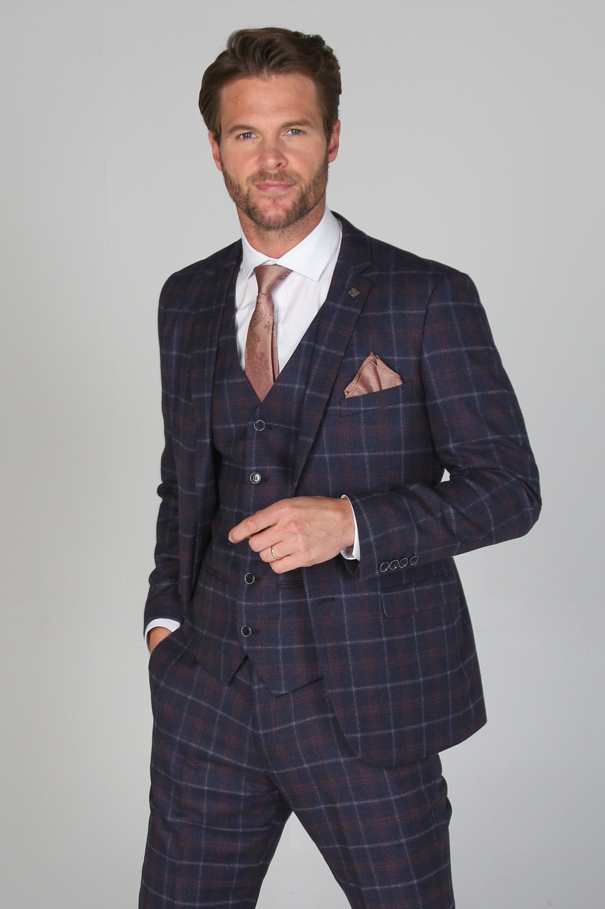 Men's Tailored Fit Retro Check Suit - KENNETH - Navy Blue - Maroon