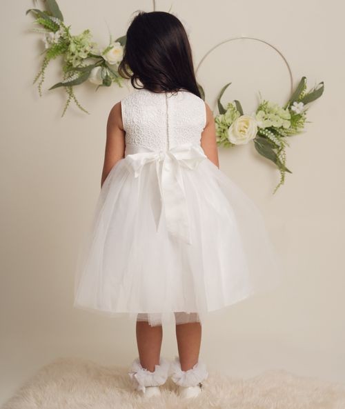 Flower Girl Dress with Lace & Bow - ROSE - Ivory