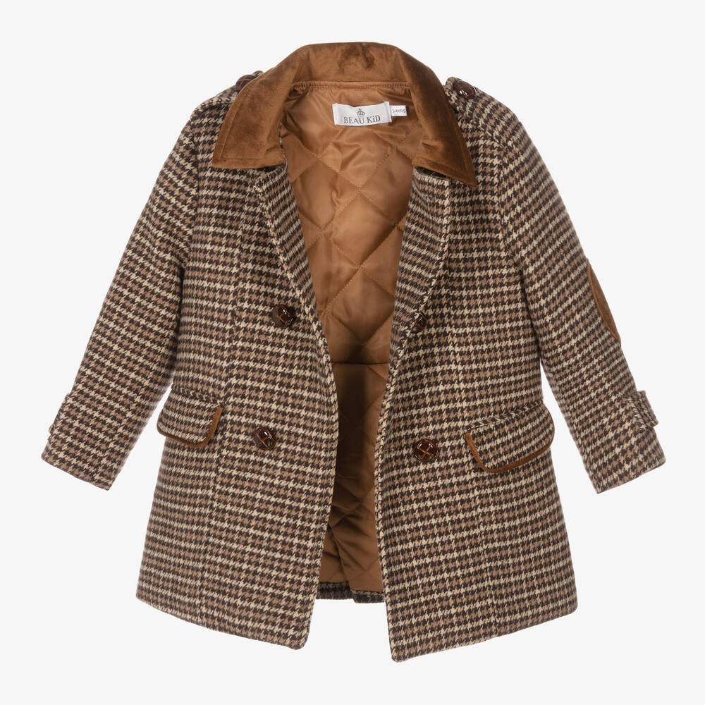 Boys Tweed Houndstooth Pea Coat with Matching Cap - Brown