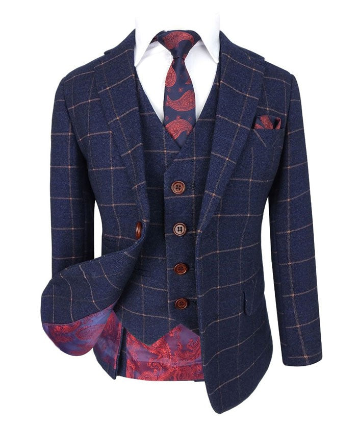 Boys Windowpane Check Slim Fit Suit - Dark Blue - Gold