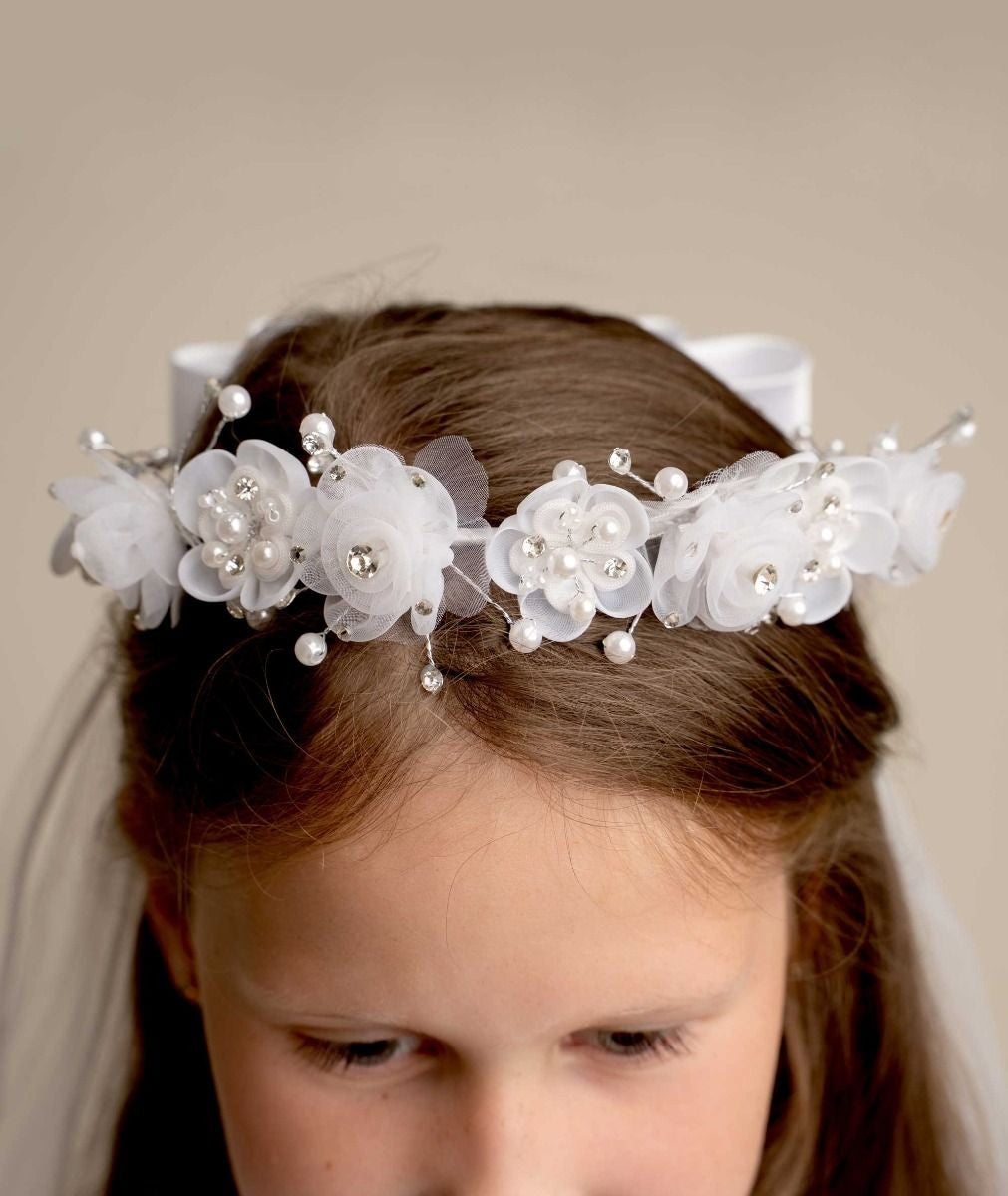 Girls' White Floral Tiara Veil with Bow – CMV 441