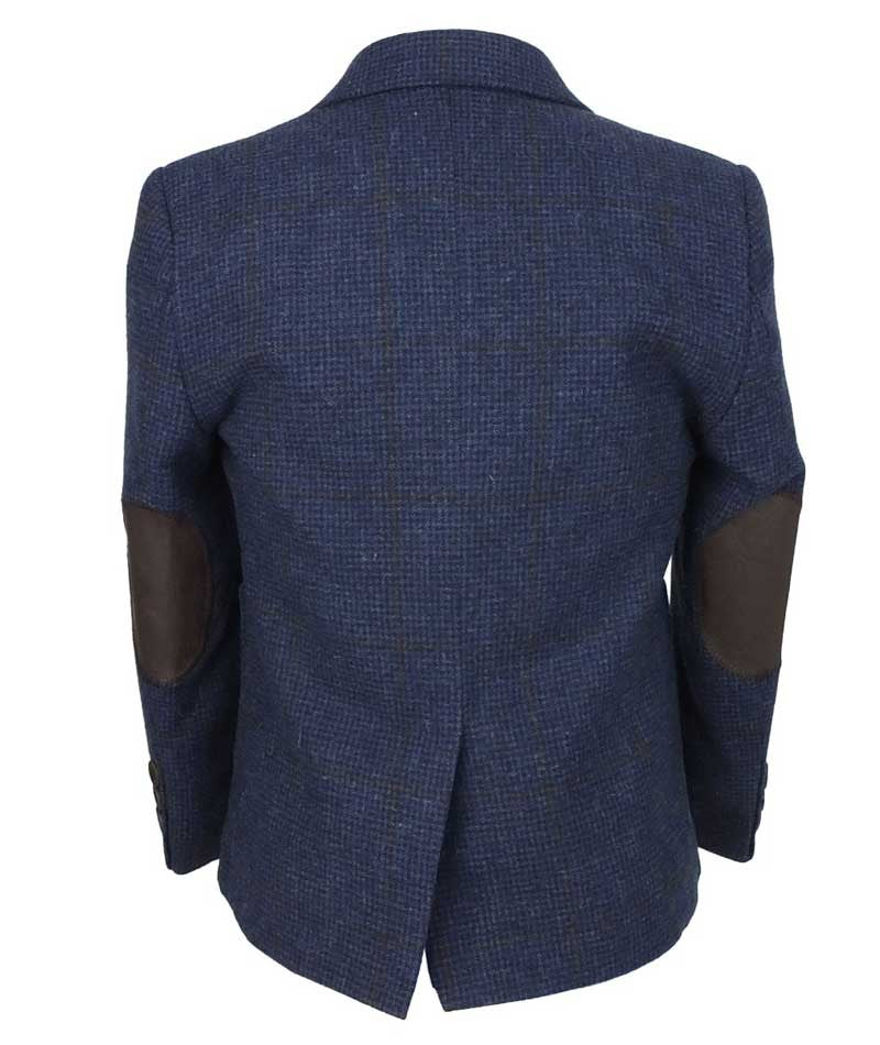 Boys Herringbone Windowpane Wool Suit - Navy Blue - Brown