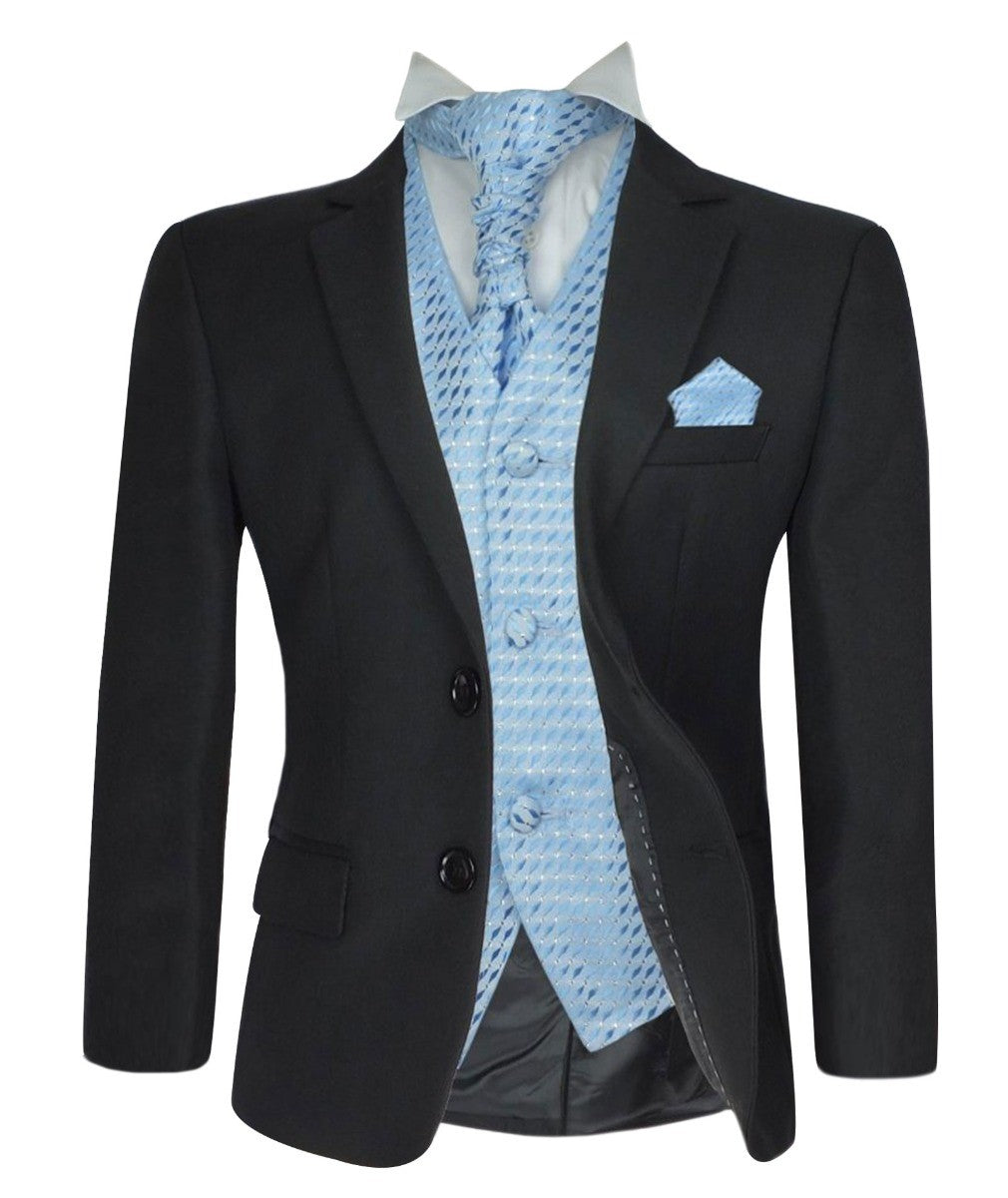Boys Formal Suit with Patterned Waistcoat and Cravat Set - Antonio - Black - Blue