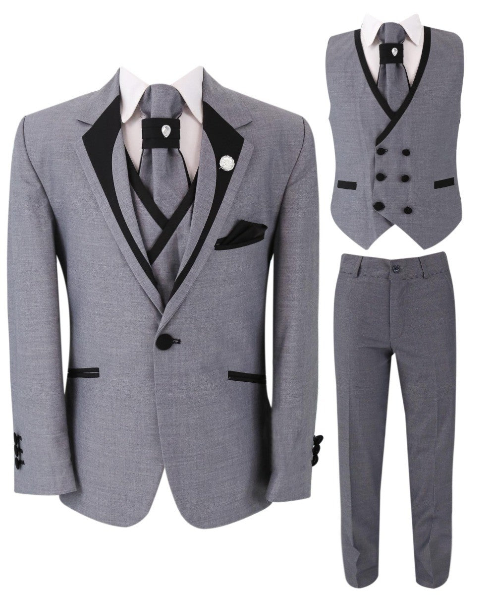 Boys Slim Fit Piping Grey Tuxedo Suit - Grey