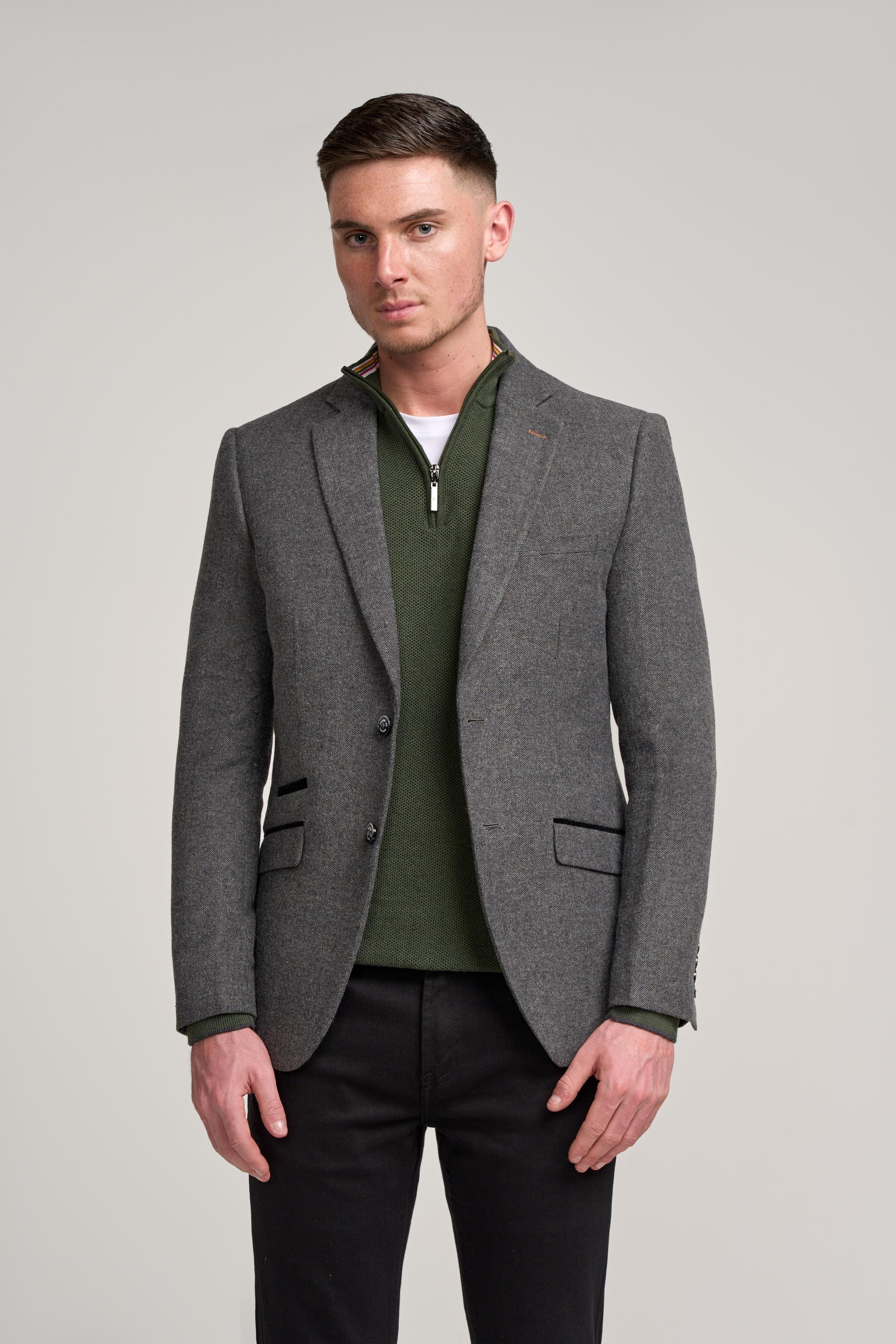 Men’s Grey Herringbone Tweed Suit Jacket - COSMO - Grey