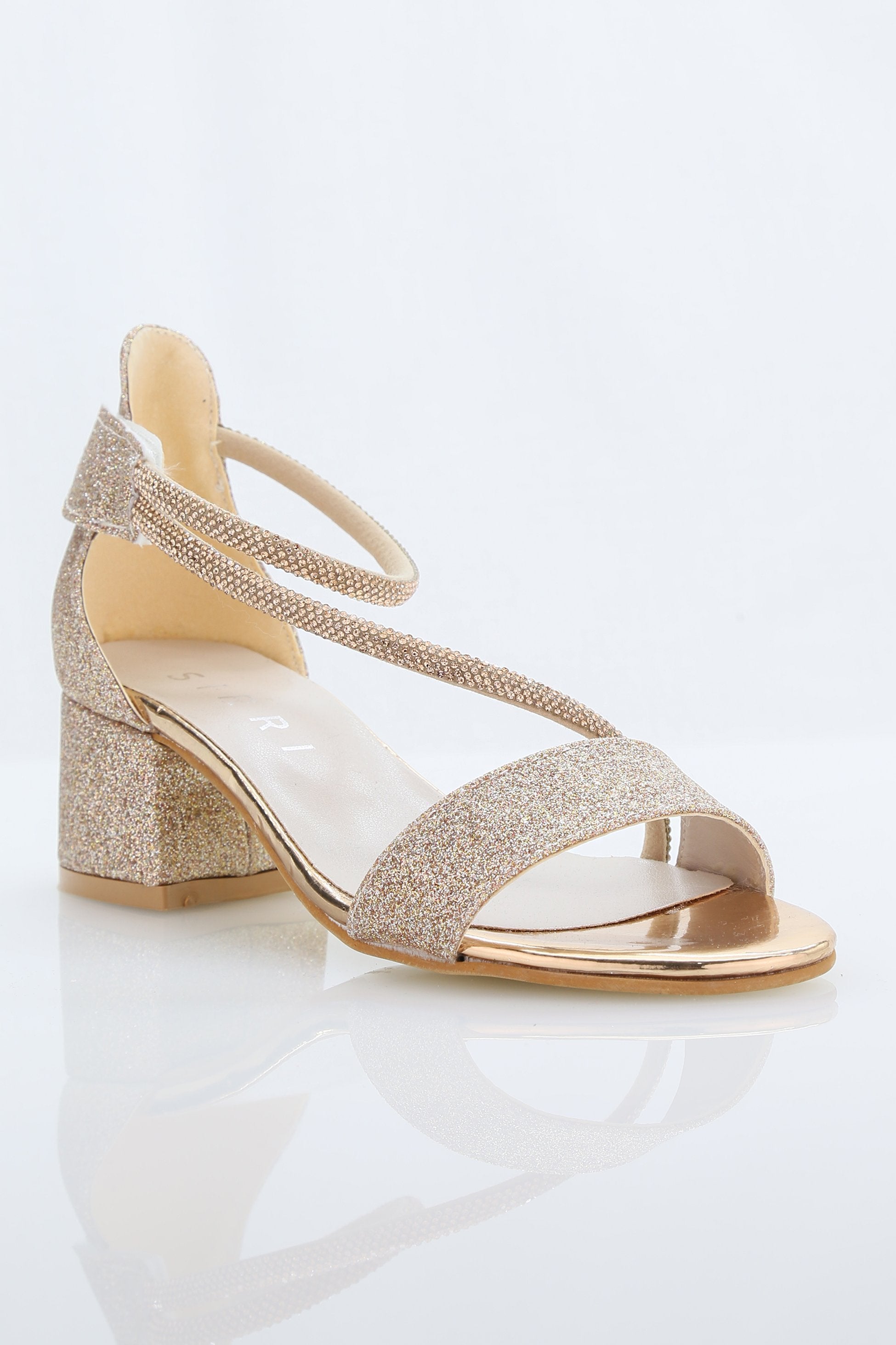 Girls Block Heel Sandals with Rhinestone Crossover Straps - DAZZLE - Gold