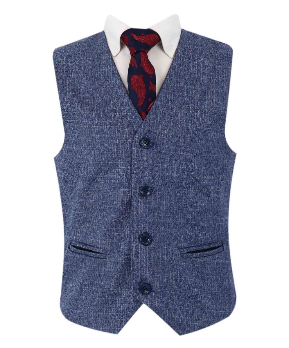 Boys Textured Tailored Fit Blue Suit - LONDON - Mid-Denim Blue