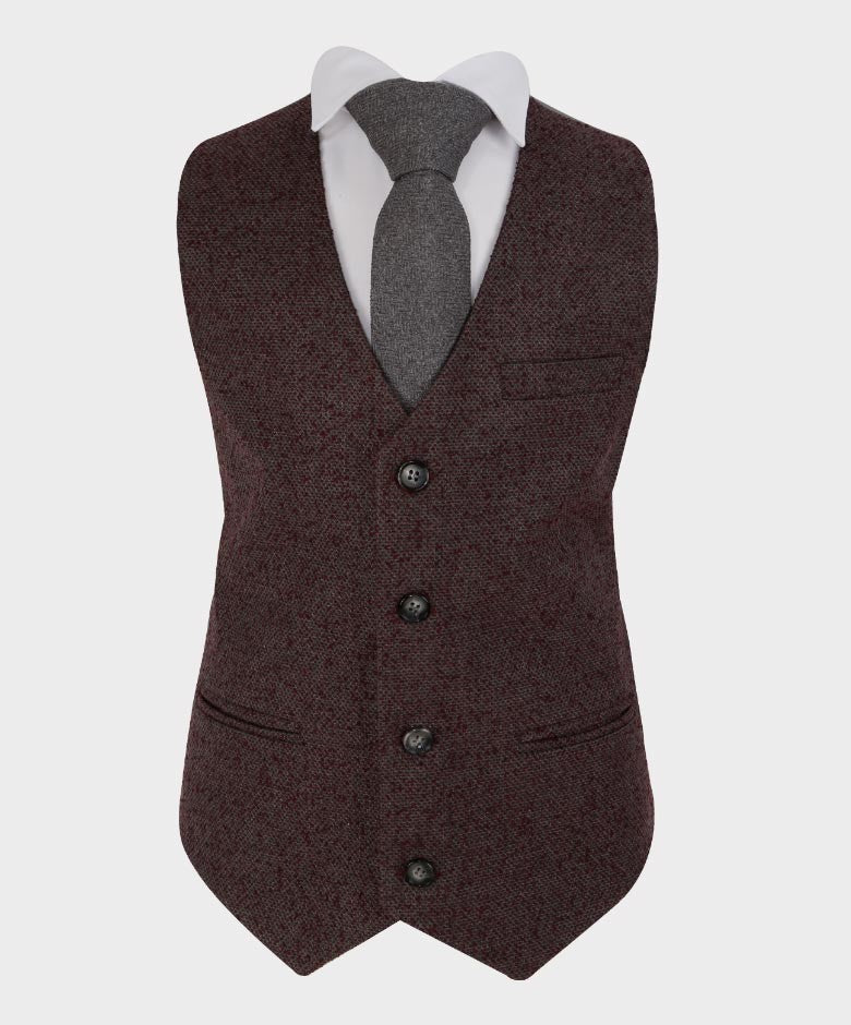 Boys Tailored Fit Windowpane Retro Check Suit - Grey - Burgundy