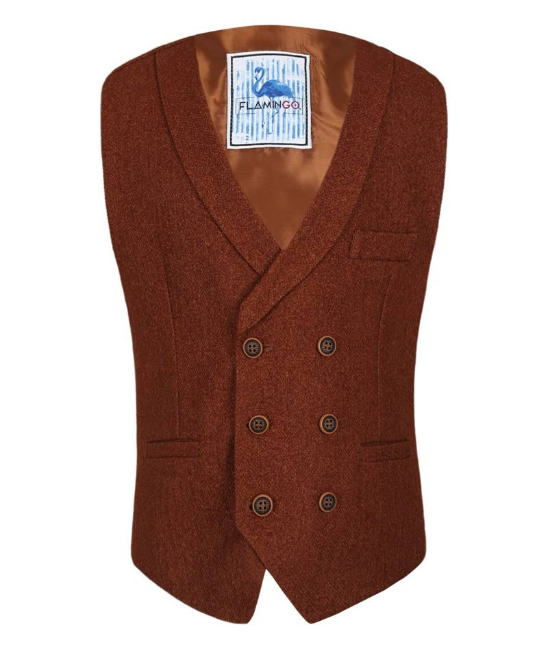 Men's and Boys Herringbone Double-breasted Waistcoat Set - Cinnamon Brown