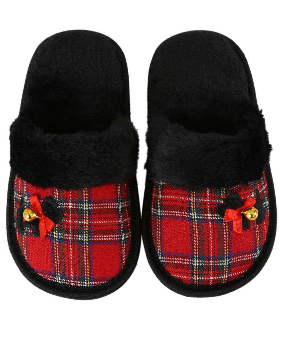 Girls Tartan Fur Slip On Slippers - Red