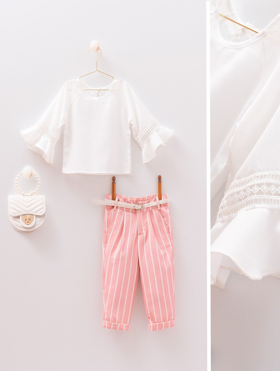 Girls Summer Casual White & Pink Set - MIALIA - White - Pink