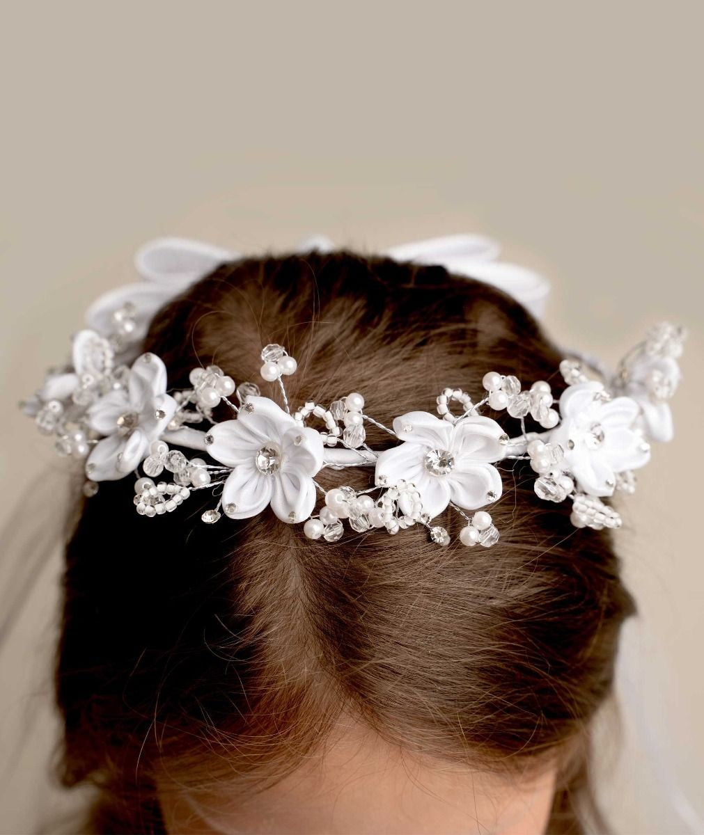 Girls' White Bow Veil with Floral Tiara – CMV 458