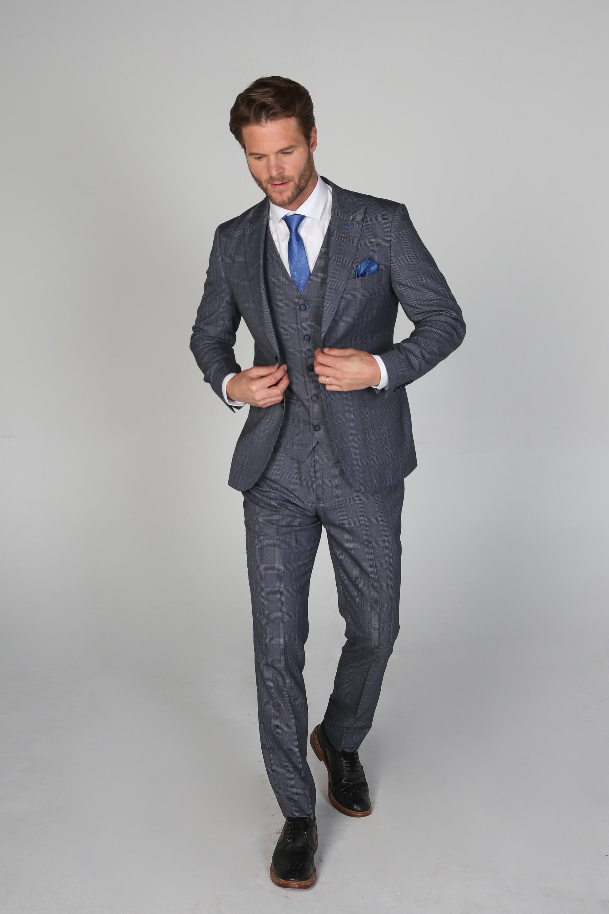 Men's Check Textured Tailored Fit Formal Suit - HENRY - Grey - Blue