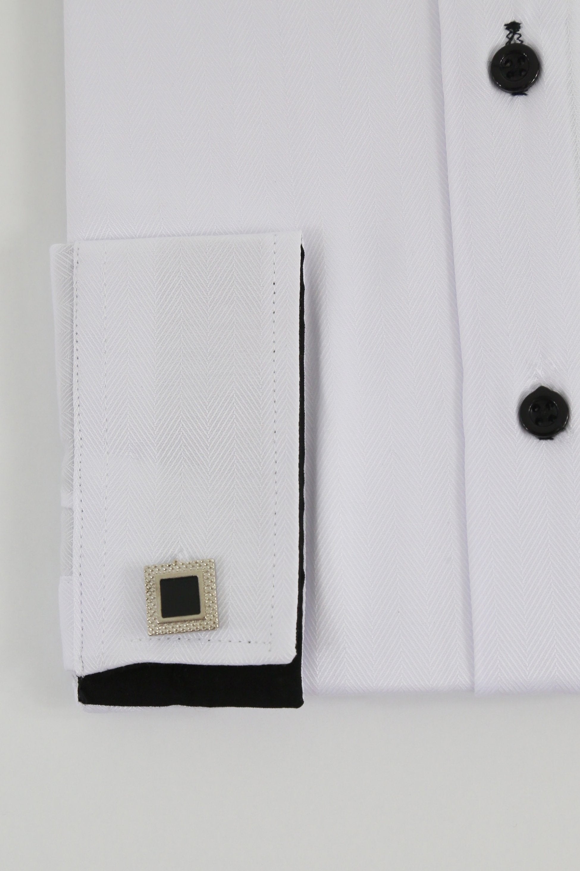 Boys White Formal Dress Shirt with Cufflinks - Herringbone Pattern - HARPUT - White