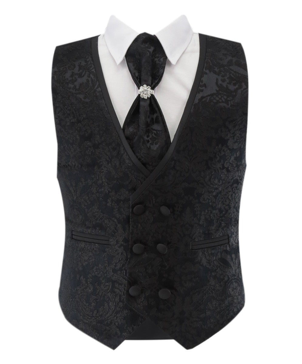 Boys Satin Lapel Paisley Floral Tuxedo Suit Set - Black