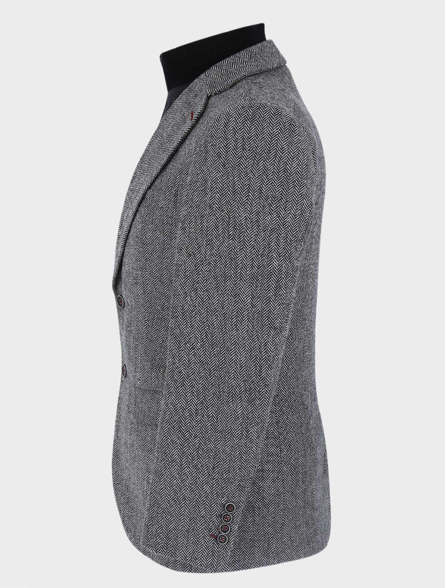 Men's Wool Herringbone Tweed Coat with Removable Zipper - Alexander - Light Grey